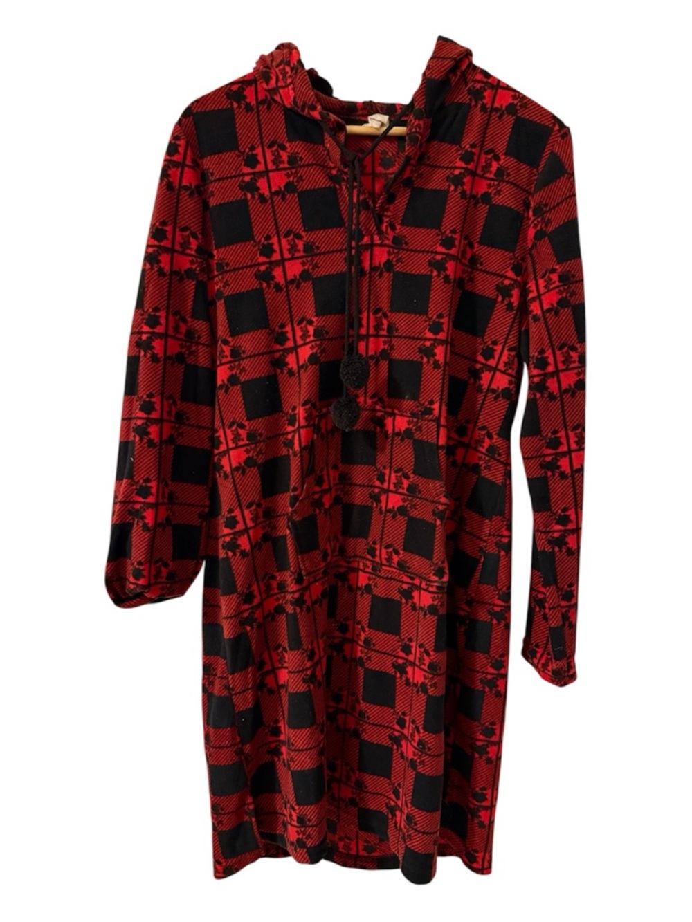 Red & Black Plaid Hooded Nightshirt with Tassel Tie